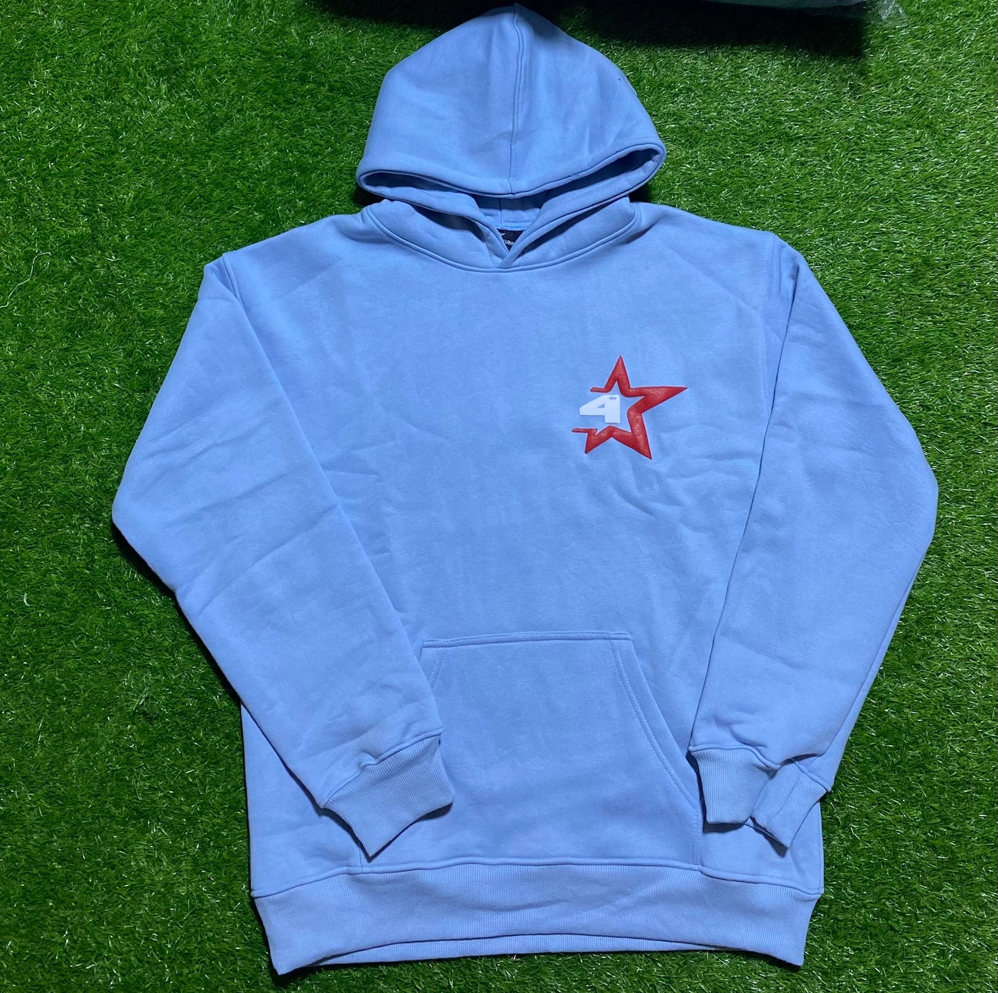 4 Star Slogan Hoodie in Blue - Puff Print